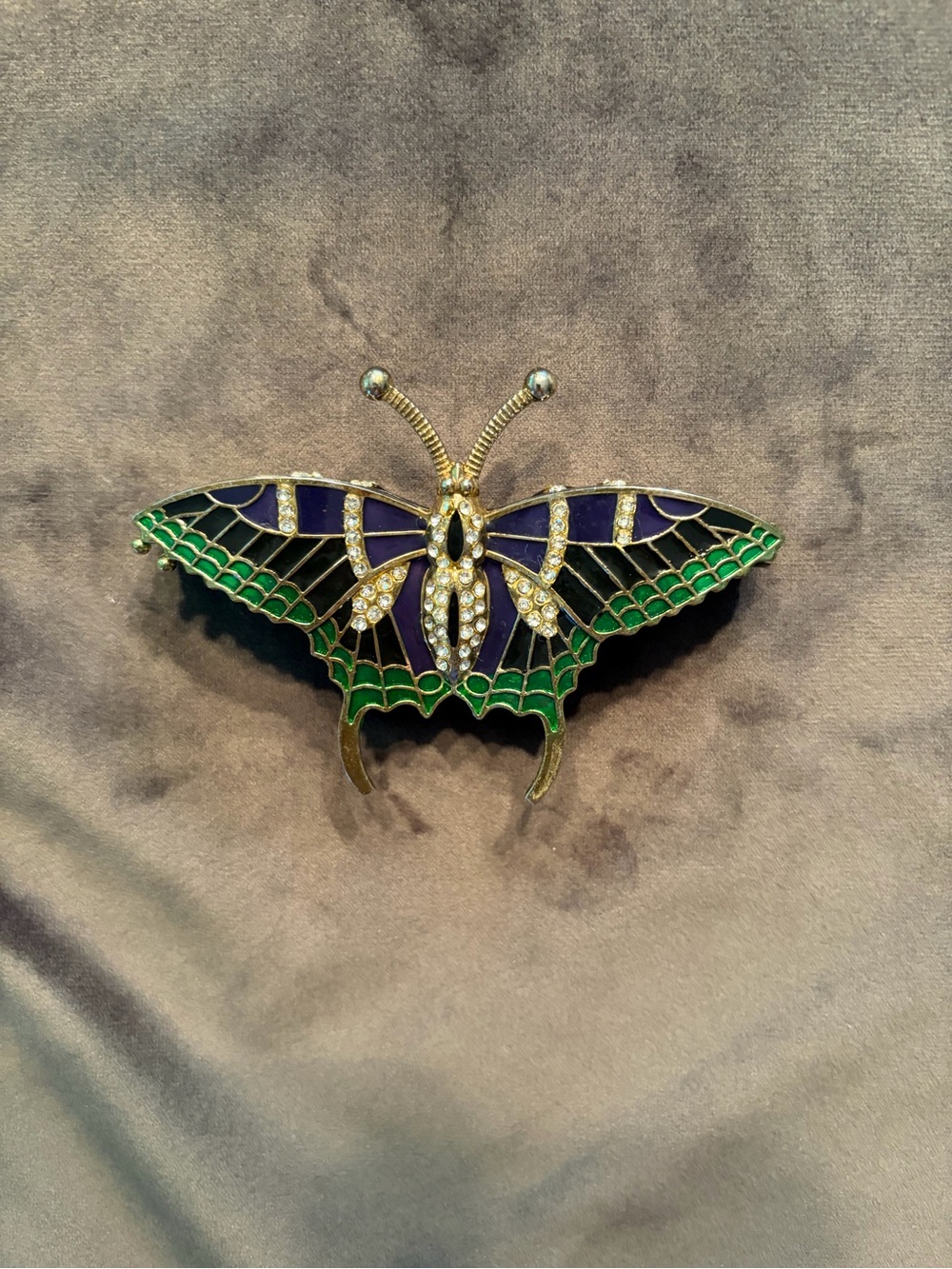 Vintage Green, Blue & Black Enamel Moth/Butterfly Trinket Box with Rhinestones